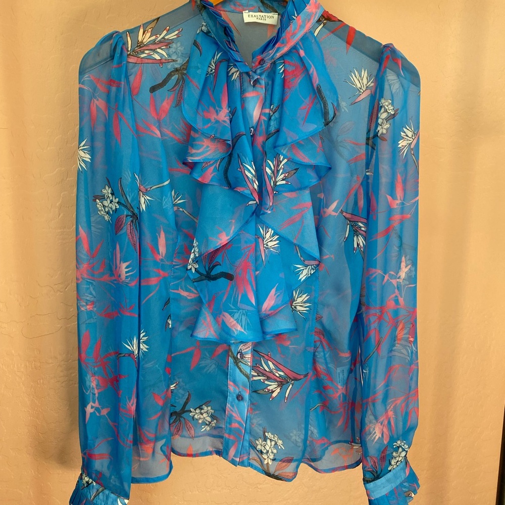 Blue Ruffled Buttoned Blouse With Pink Accents - image 1